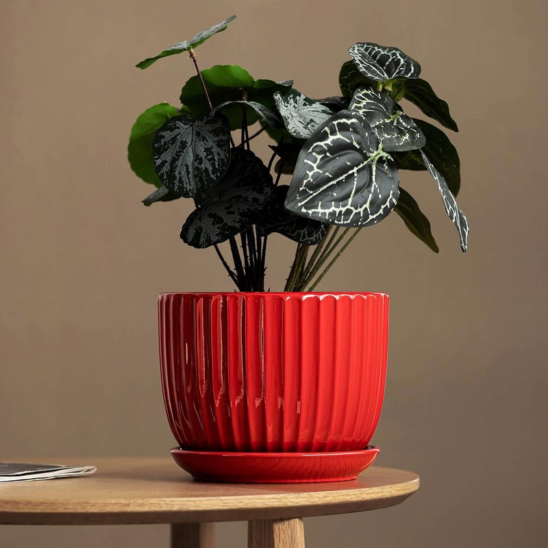 Ton Sin Ceramic Plant Pots - 4/5/6 Inch Red Planters Set of 3 with Drainage Holes and Saucer - Indoor Flower Pots for Plants Ceramic Planters for Indoor Gardening Succulent Pots - Image 2